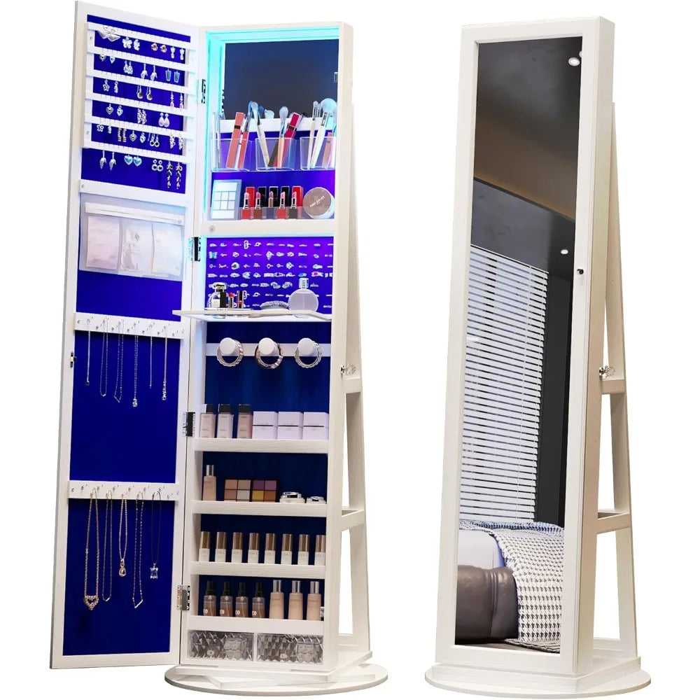 360 Degree Swivel Jewelry Armoire Lockable Cabinet with LED Light