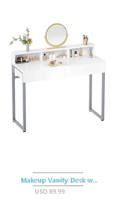 Makeup Vanity Set Writing Desk Trifold Mirror Stool Organizer Wood Retro