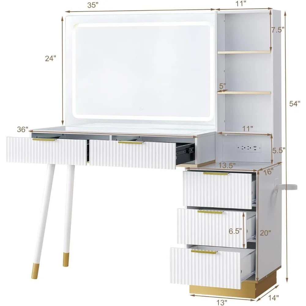 54 Inch Tall Vanity Desk with Large Mirror 5 Drawers and Shelves