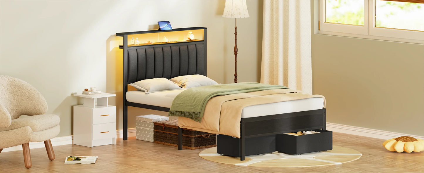 Ljustra Full Bed Frame with Charging Station LED Lights and Storage