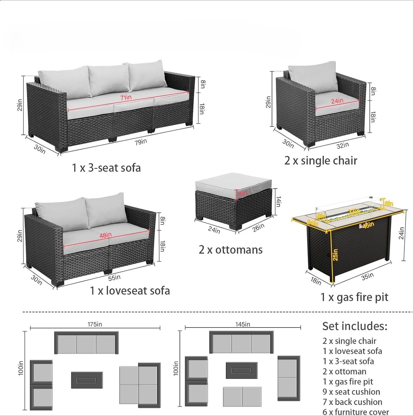 7 Piece Outdoor Furniture Set with Propane Fire Pit Table and Cushions