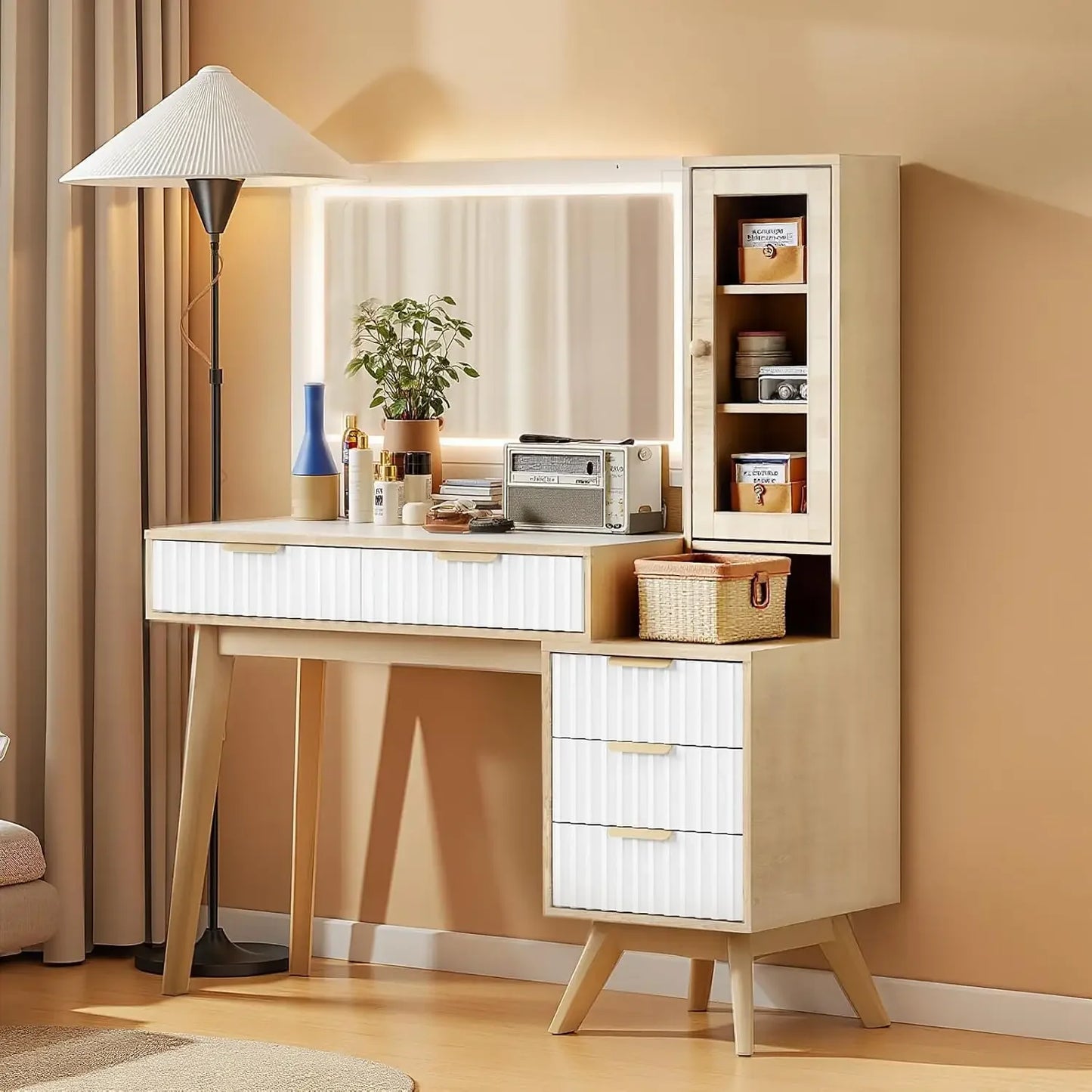 Makeup Vanity Desk with Mirror LED Lights Charging Storage Glass Top