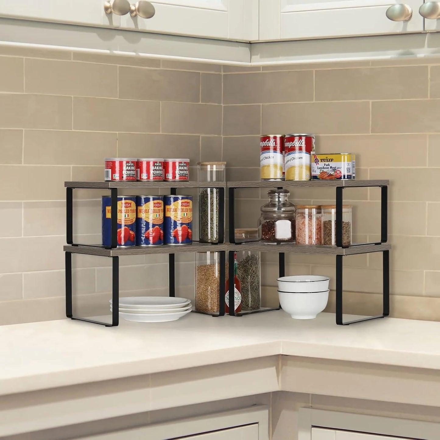 Stackable Expandable Kitchen Spice Rack Organizer Set of 4 Grey