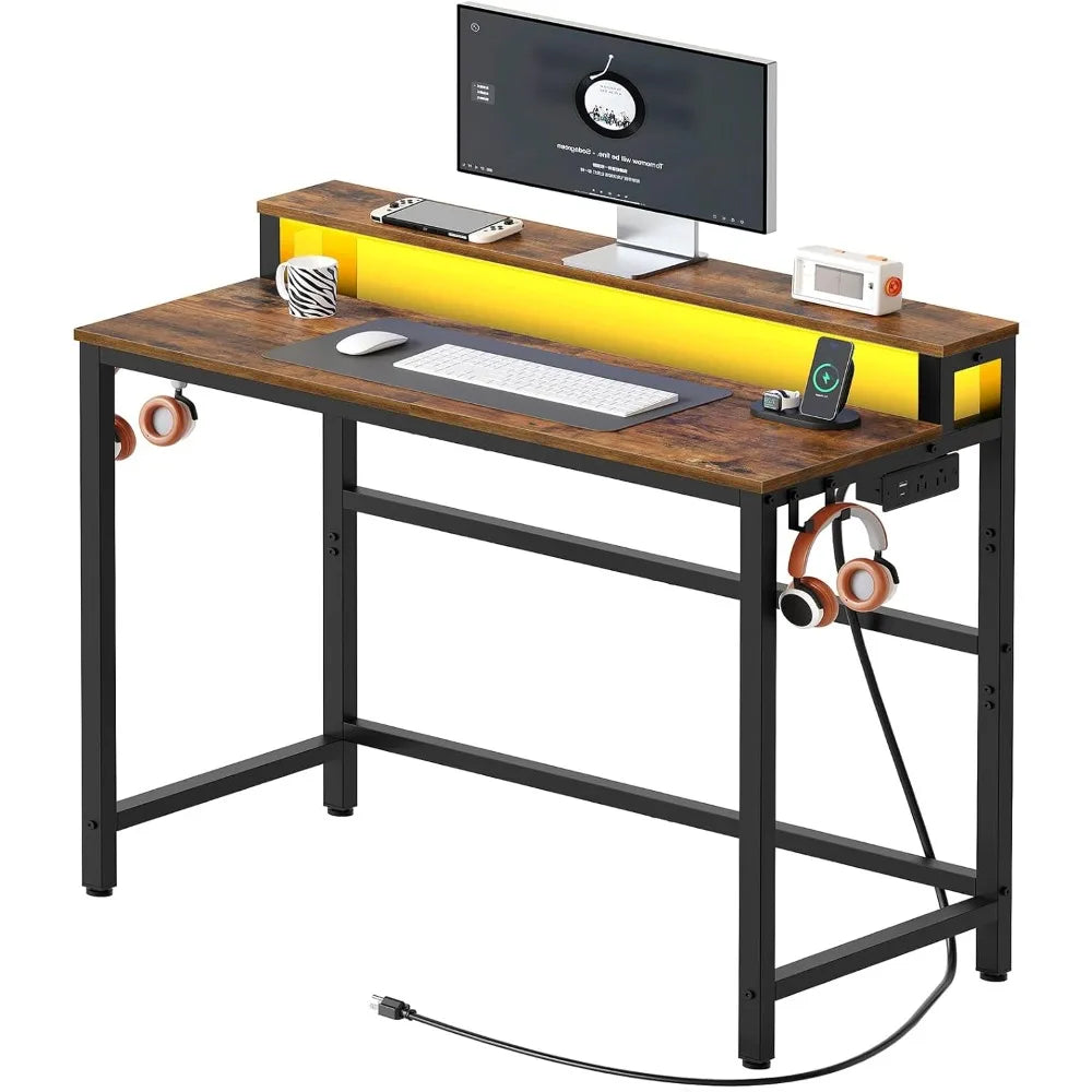 Desk with Charging Station LED Lights Gaming Desk Monitor Stand Home Office