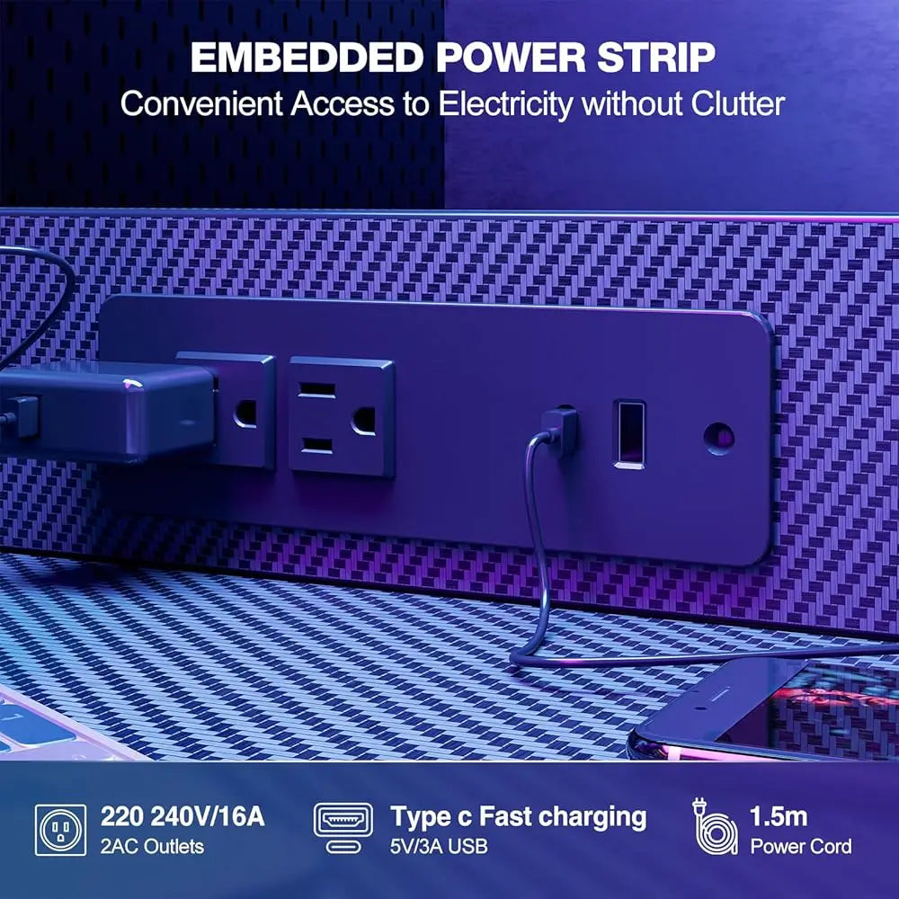 Gaming Desk with Power Outlet LED Light Reversible Shelves Storage Drawer