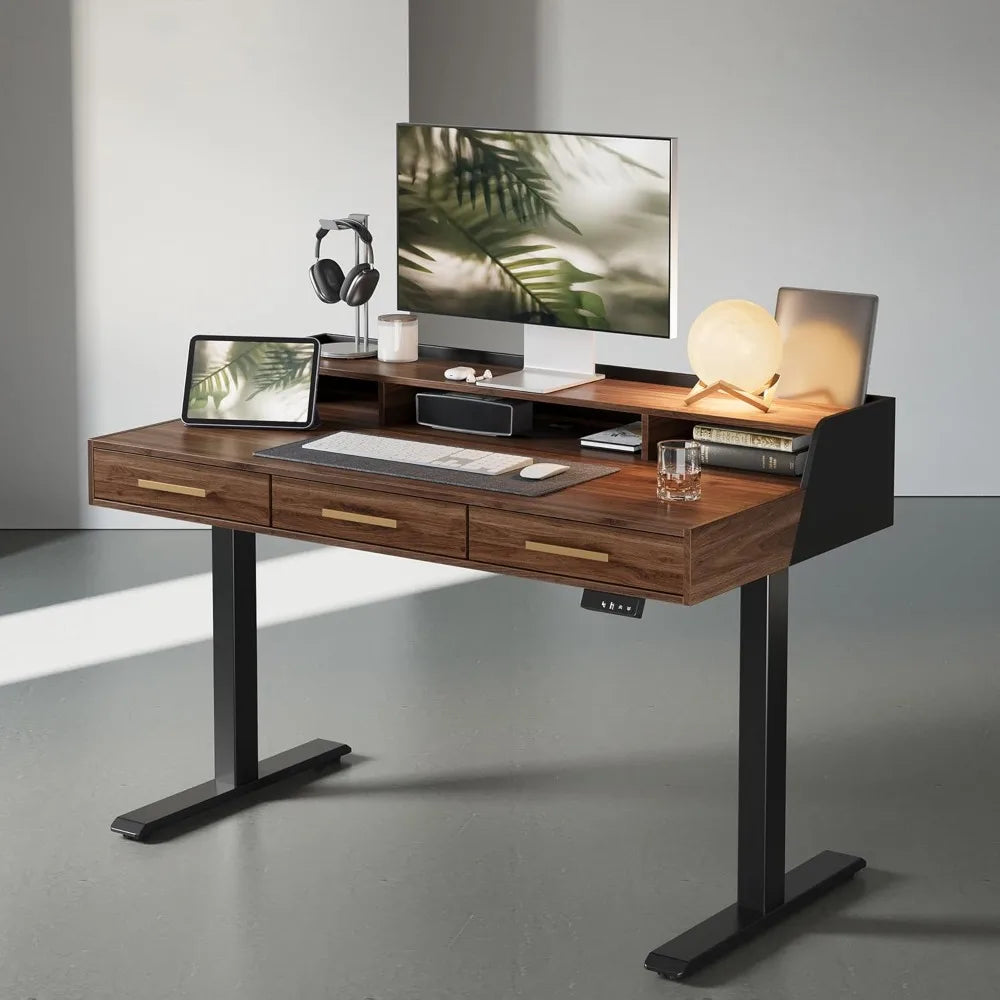 Height Adjustable Standing Desk with 3 Drawers and Monitor Shelf