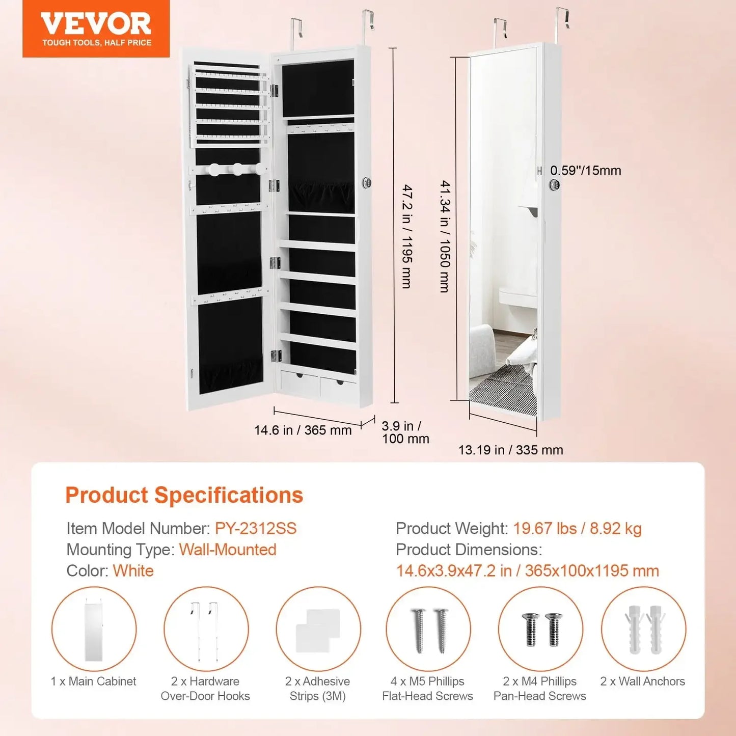 Mirror Jewelry Cabinet Lockable Wall Mounted Armoire Storage Organizer