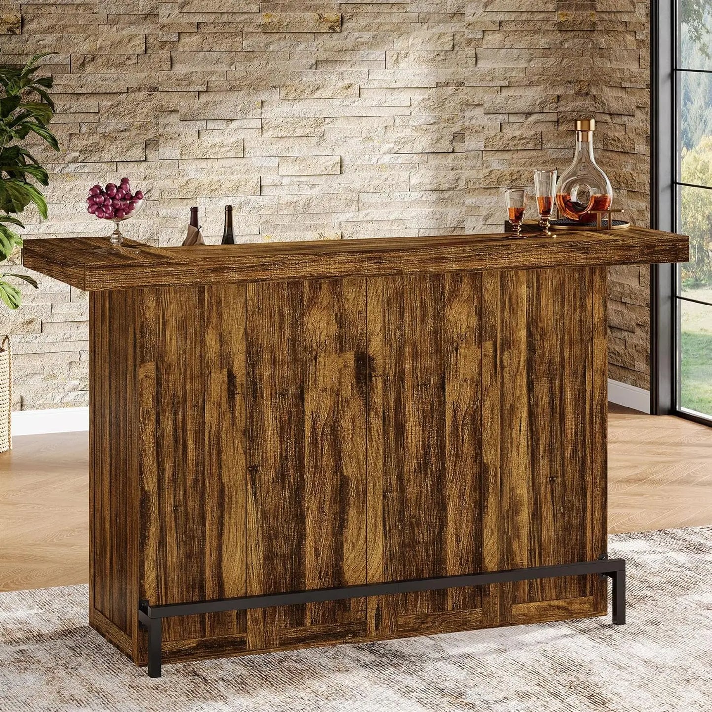 4-Tier Bar Table Large Modern Home Bar Cabinet with Wine Glass Holder