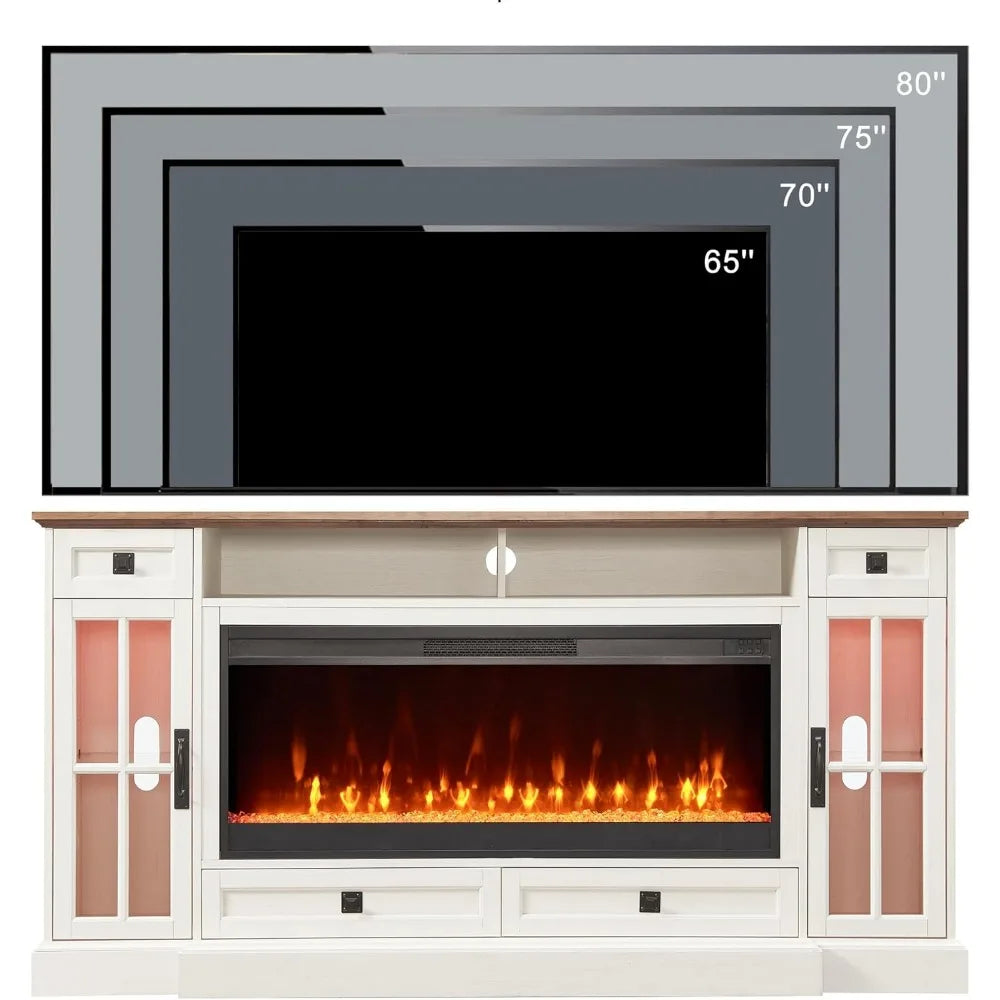 Fireplace TV Stand for 80 Inch TV Farmhouse Entertainment Center LED Lights