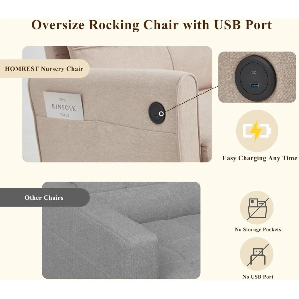Oversize Rocking Chair Nursery High Back Armchair with USB Side Pocket