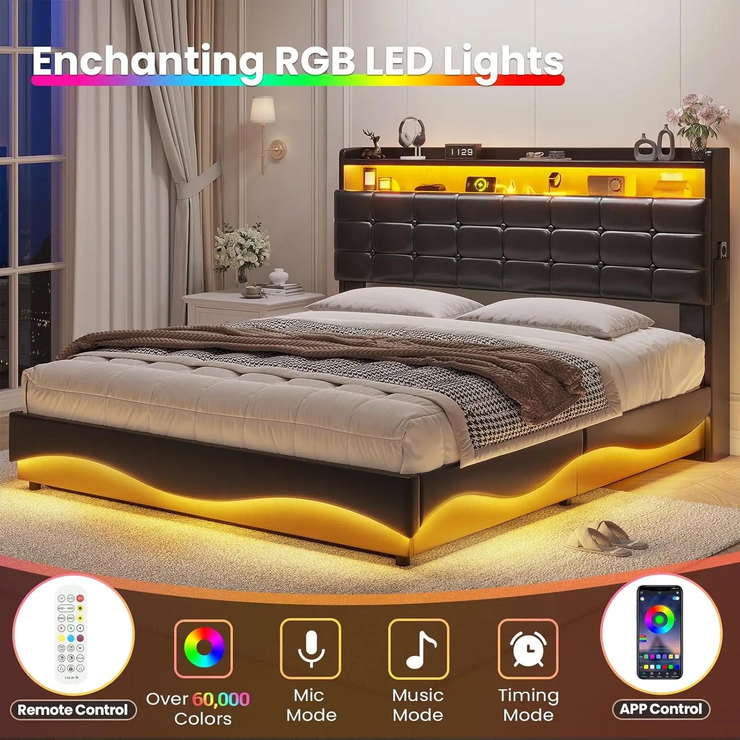 Lift Up Storage Queen Bed Frame with Charging Station and LED Lights