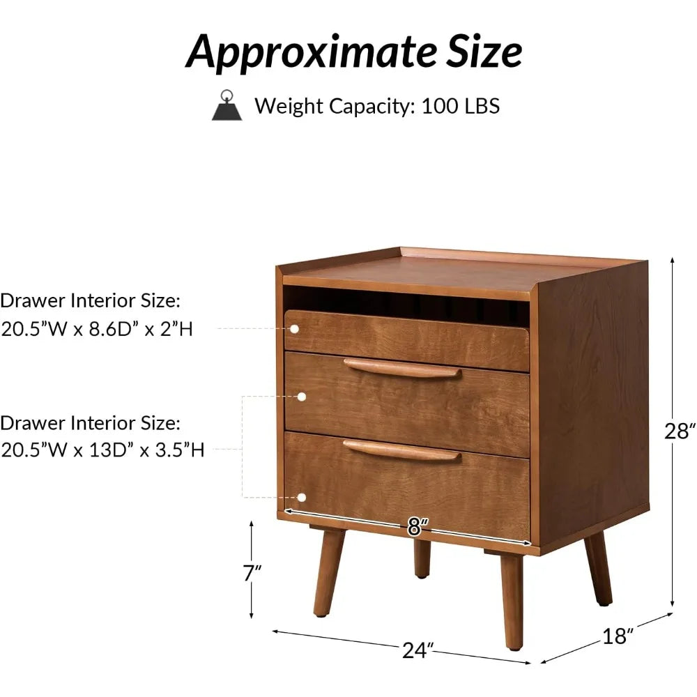 Mid-Century Modern Nightstand with Charging Station and Drawers