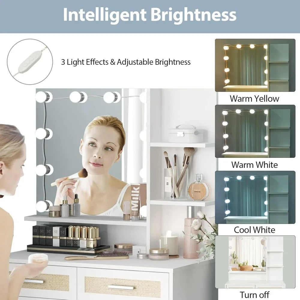 Boho Rattan Vanity Desk with Mirror Lights Bedroom Makeup Set