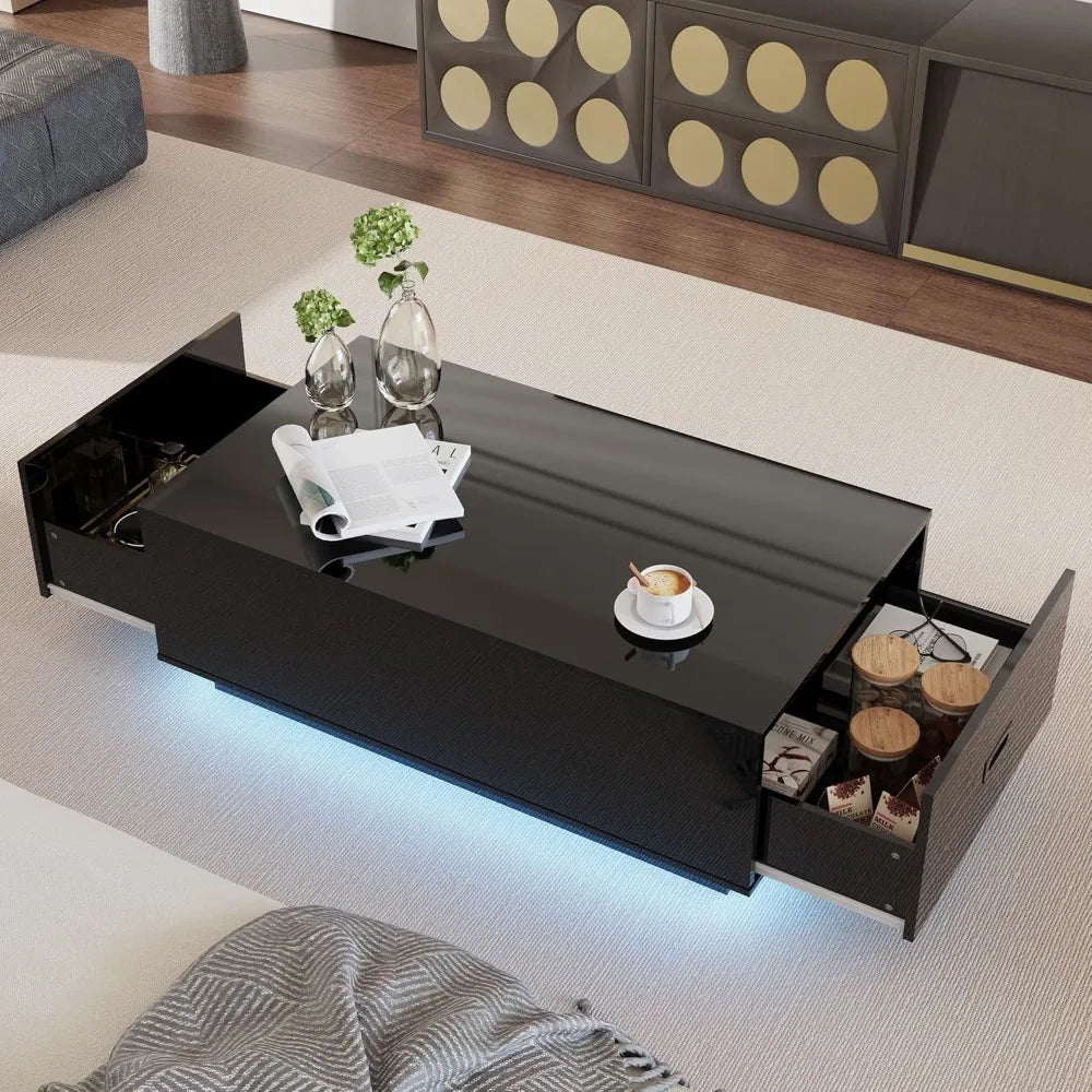 41 Inch LED Coffee Table with Drawers Modern High Gloss Living Room