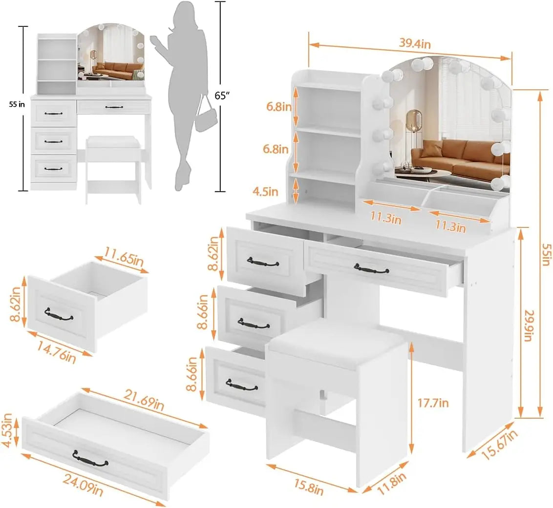 Makeup Vanity Desk with Lights and Drawers Large Storage White Set