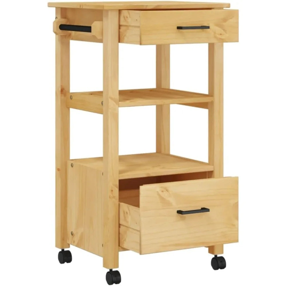 Ljustra Kitchen Trolley Rustic Wood Rolling Cart with 2 Drawers & Shelf