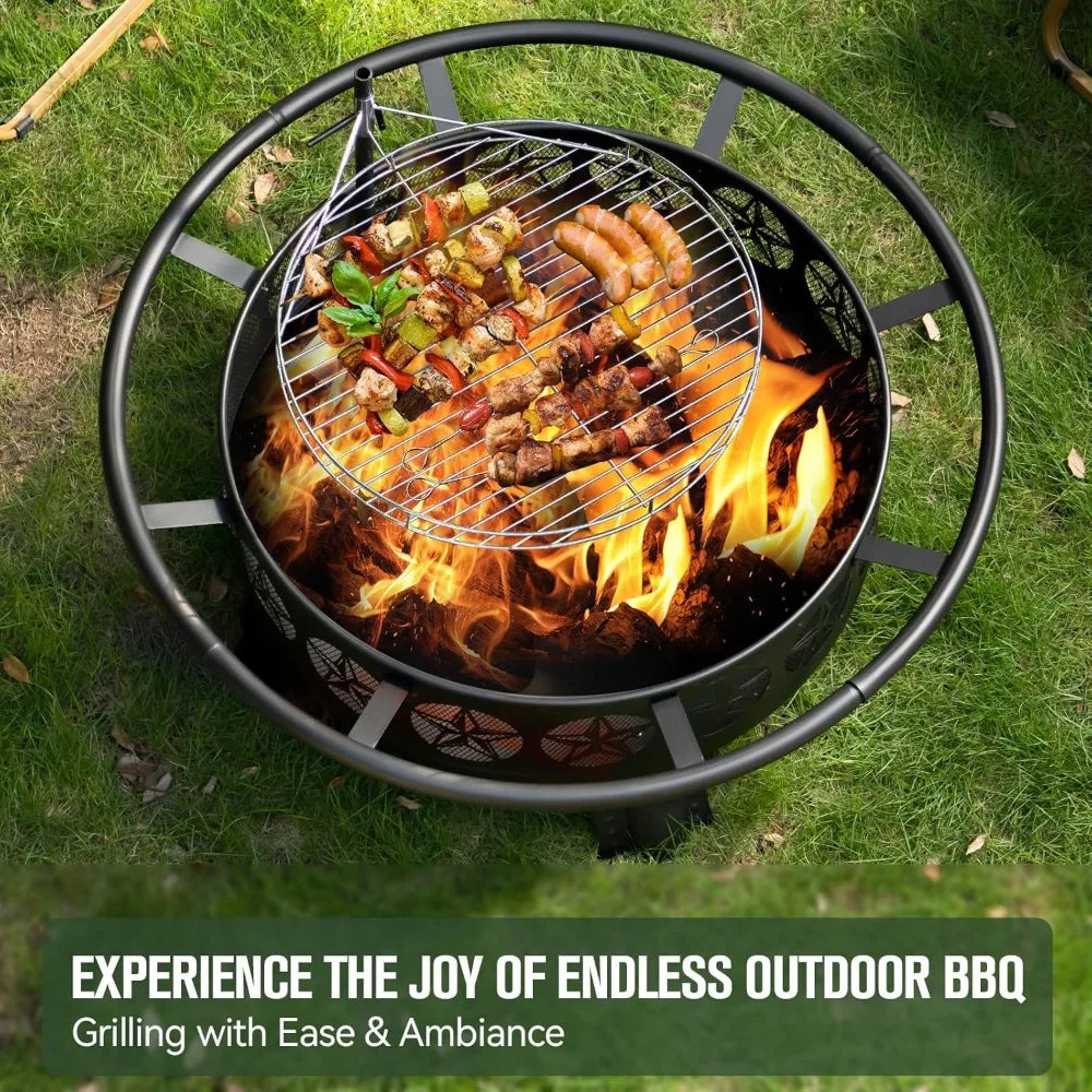 38 Inch Wood Burning Fire Pit Outdoor 3-in-1 Grill Table with Screen