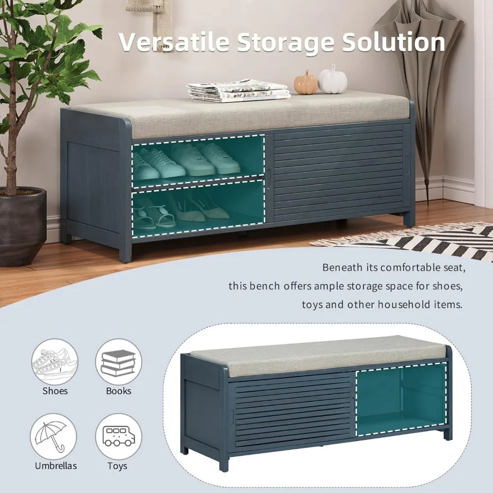 Ljustra Shoe Bench 2-Tier Entryway Storage Seat Cushion Acacia Wood