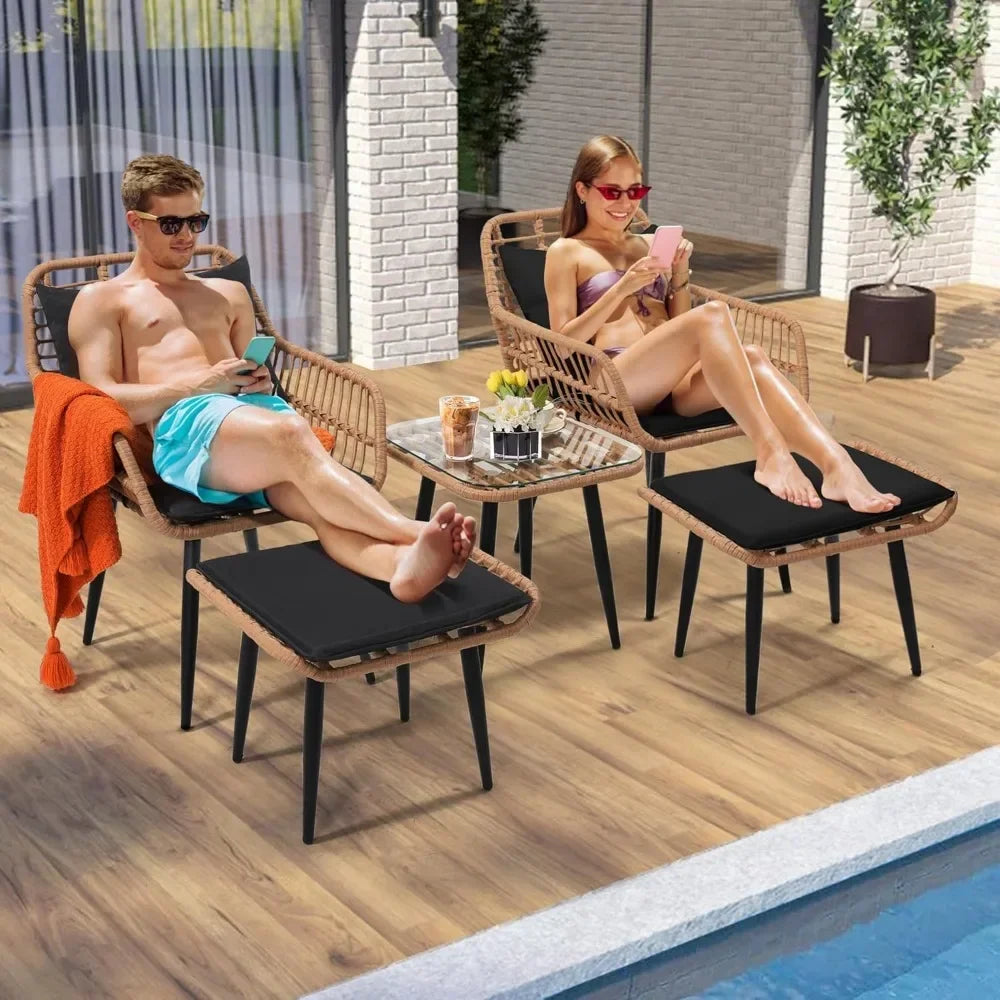 5 Piece Wicker Bistro Patio Furniture Set with Chairs Ottomans Table