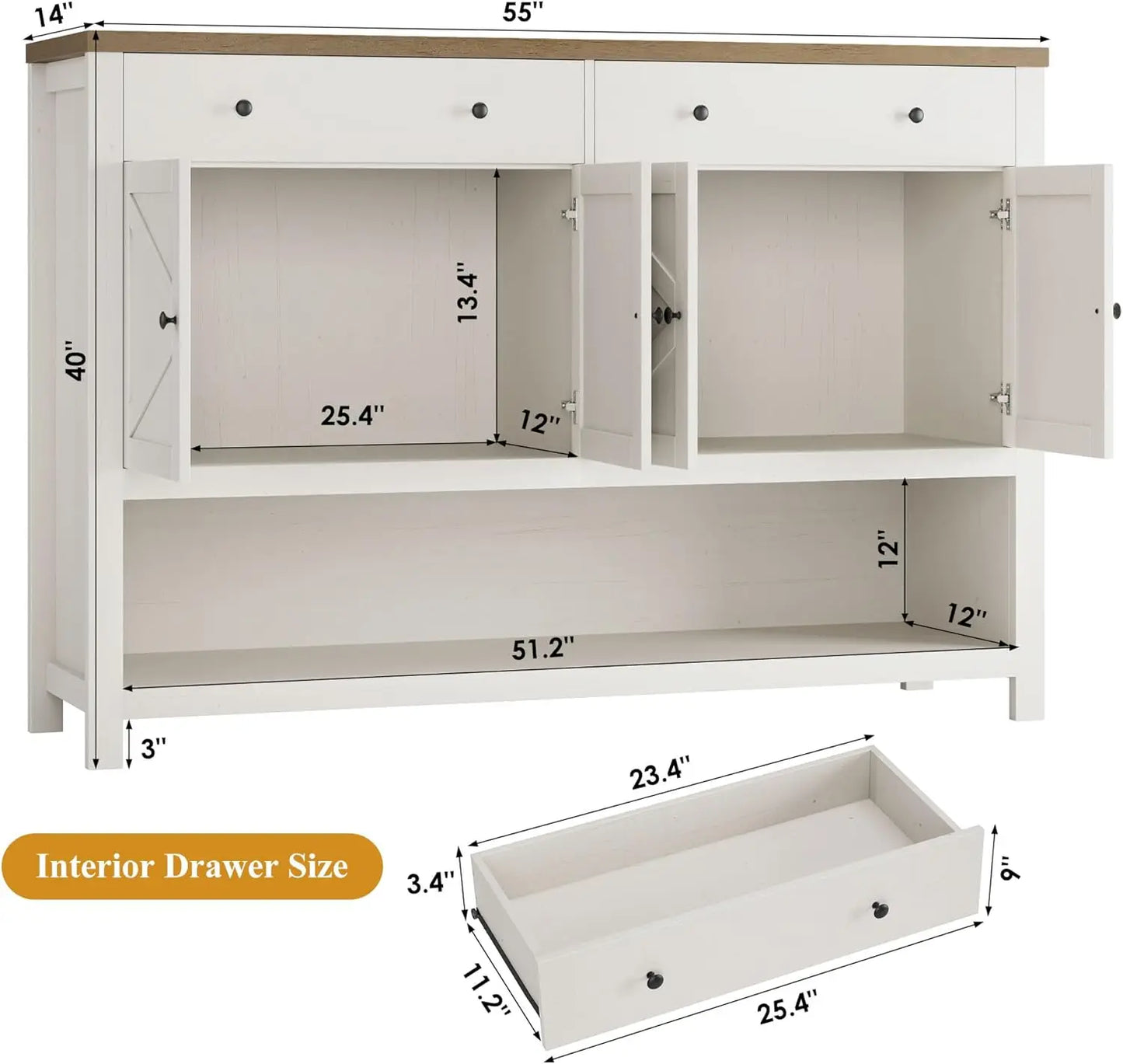 55 Inch Buffet Sideboard Cabinet Storage Kitchen Living Room Coffee Bar