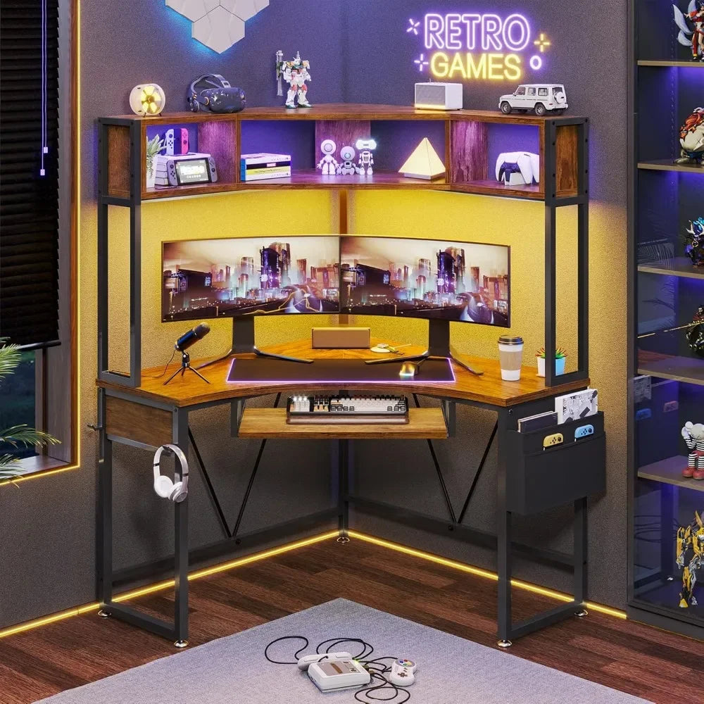 Ljustra Corner Desk Small Computer Desk with Hutch LED Lights