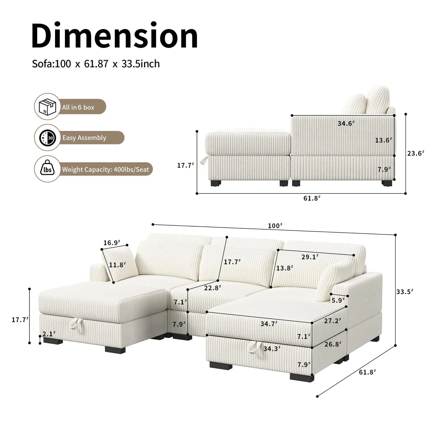 Corduroy Modular Sectional Sofa Modern Cloud Couch Living Room Furniture