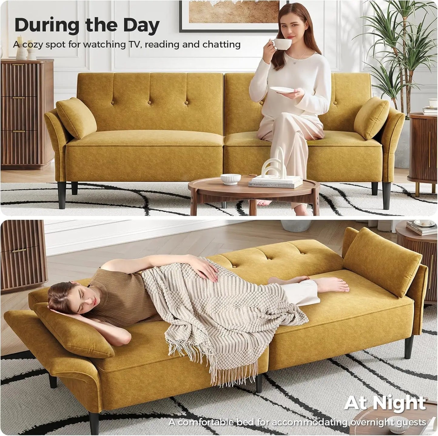 89" Convertible Futon Sofa Bed – Adjustable Back & Armrests, Yellow Sleeper Couch w/ Pillows