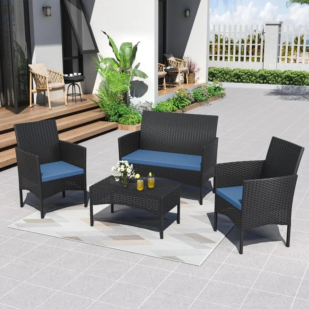 4-Piece Outdoor Wicker Patio Furniture Set with Cushions Table