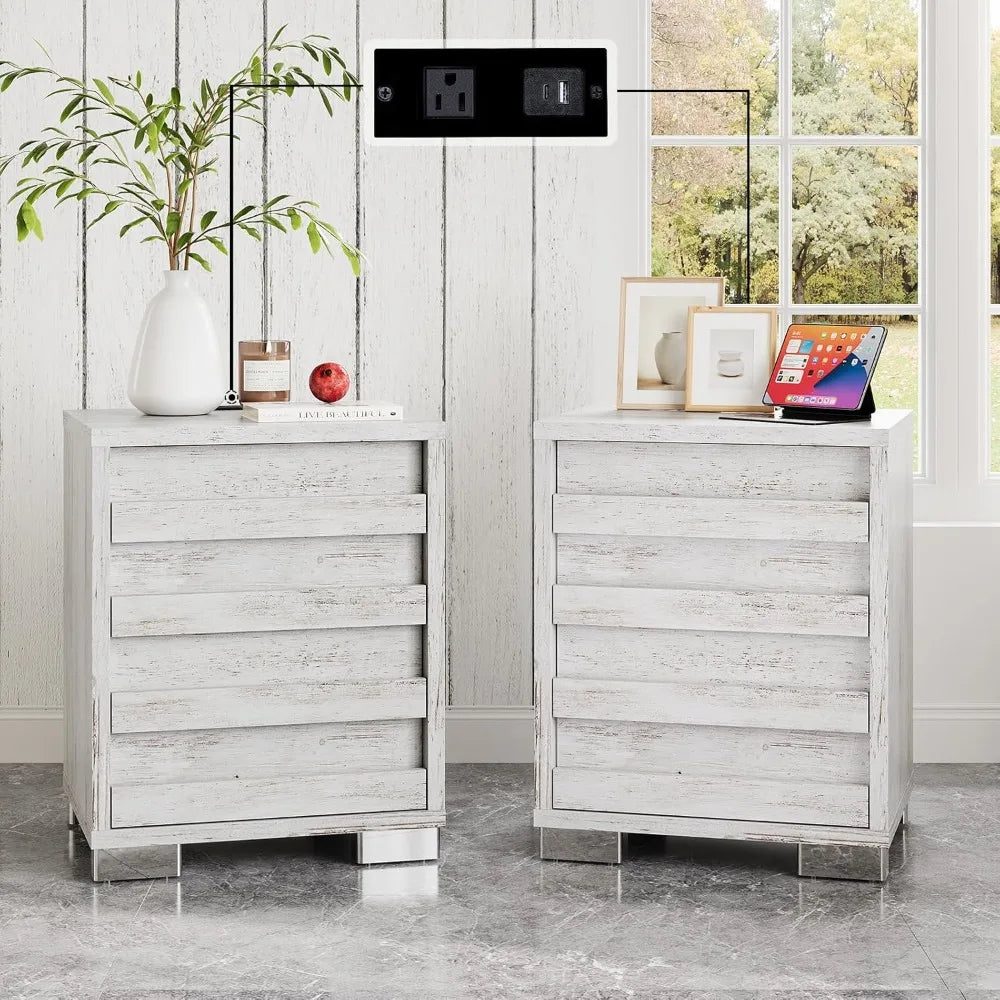 Nightstand Set of 2 with Charging Station Farmhouse Side Table