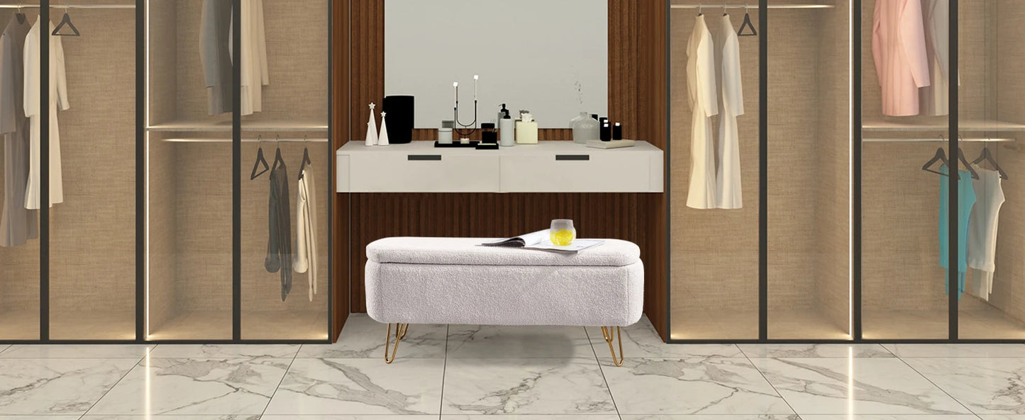 40 Inch Boucle Sherpa Ottoman Bench Storage Upholstered Gold Legs