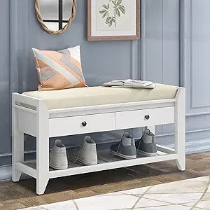 Entry Storage Bench with Cushioned Seat and 2 Drawers for Shoes