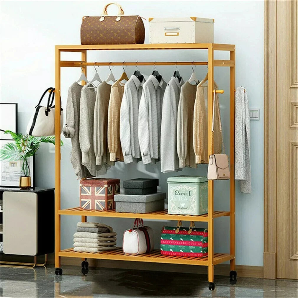 Bamboo Garment Rack with Wheels Multifunctional Clothing Organizer