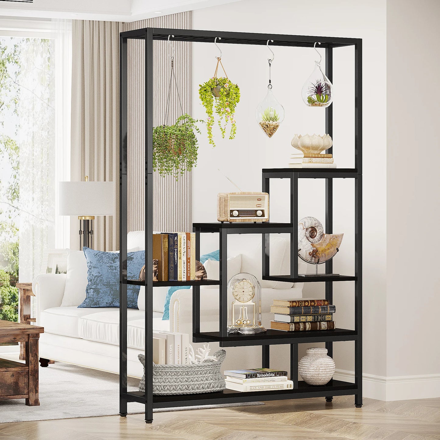 Ljustra 5 Tier Tall Indoor Plant Stand Shelf with Hanging Hooks