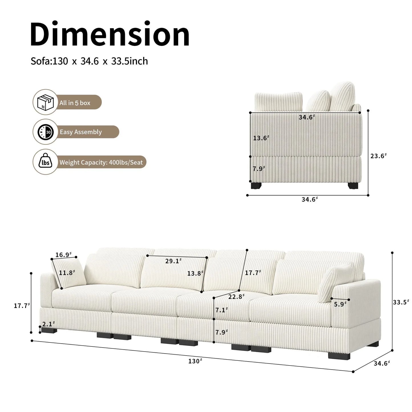Corduroy Modular Sectional Sofa Modern Cloud Couch Living Room Furniture
