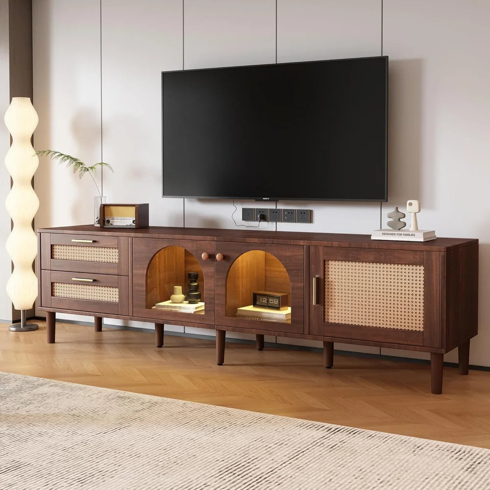 Rattan TV Stand LED Lights 70" Entertainment Center 3 Cabinets 2 Drawers