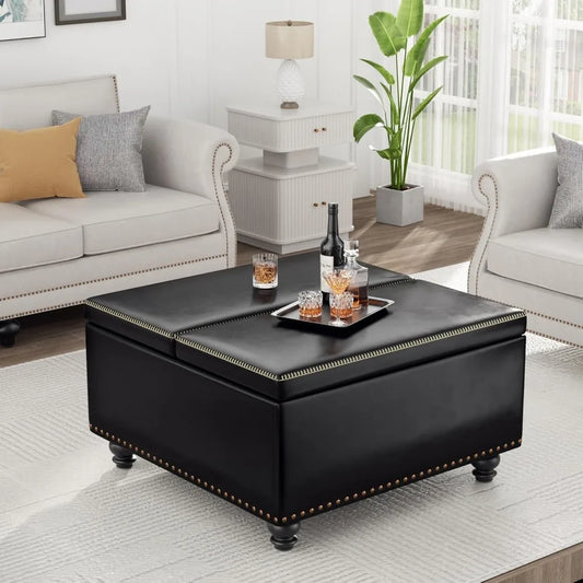 Square Storage Ottoman Faux Leather Lift Top Multi-Purpose Living Room