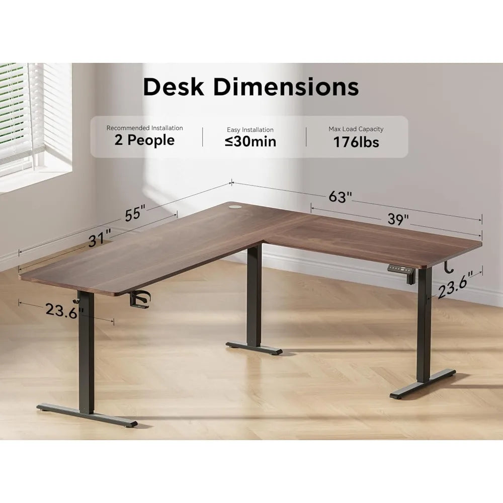 L Shaped Electric Standing Desk 63x55 Inches Height Adjustable with Cup Holder