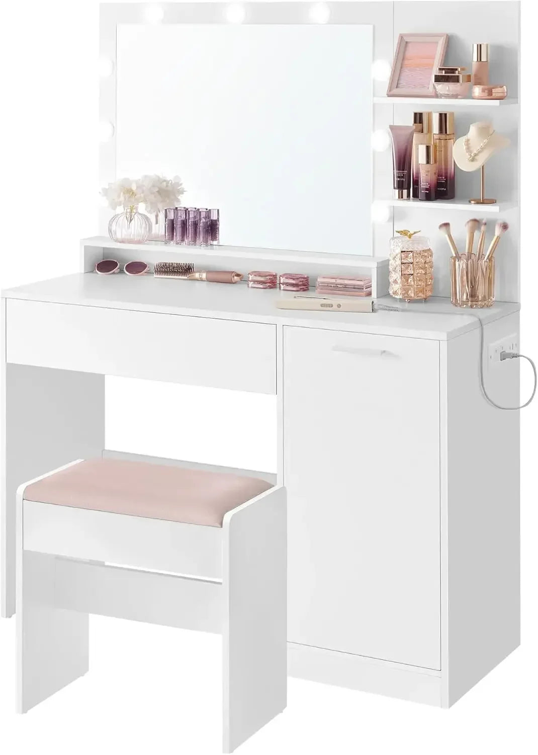 Ljustra Makeup Vanity Desk with Mirror LED Lights and Upholstered Stool