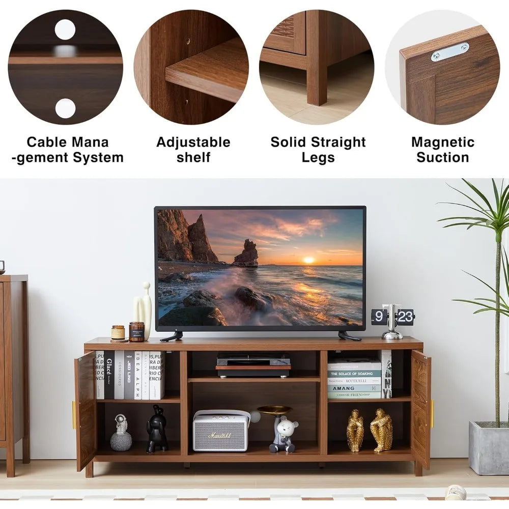 Mid Century Modern TV Stand Rattan Storage Cabinet for Living Room