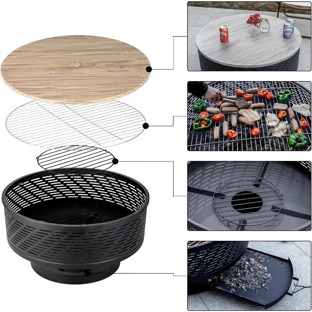 32 Inch Wood Burning Fire Pit Table with Grill Lid Waterproof Cover