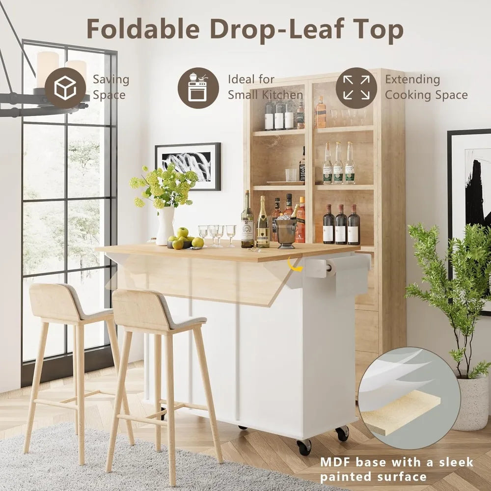 Rolling Kitchen Island with Trash Can Storage and Drop Leaf Design