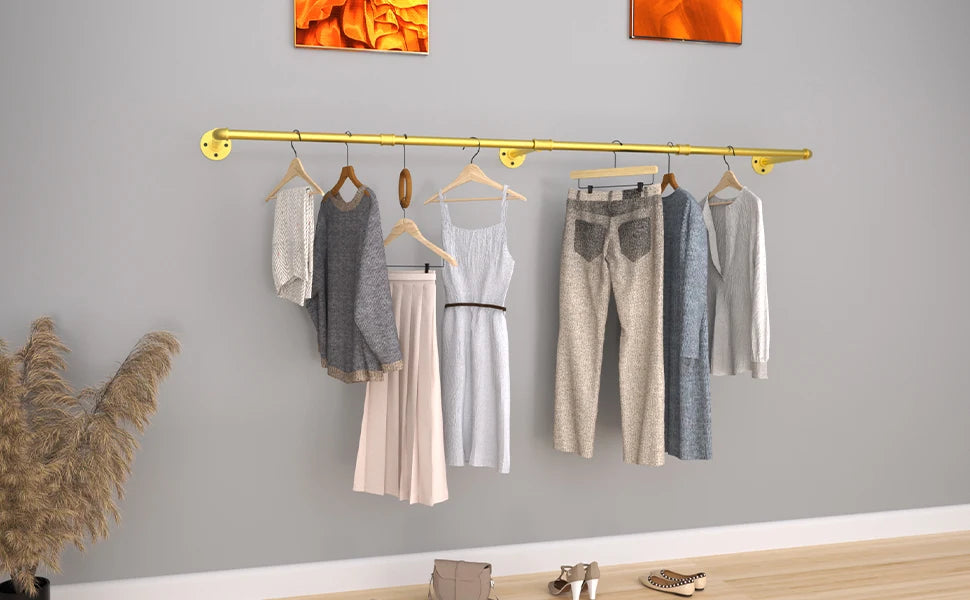 Wall Mounted Industrial Pipe Clothes Rack Space Saving Garment Rail