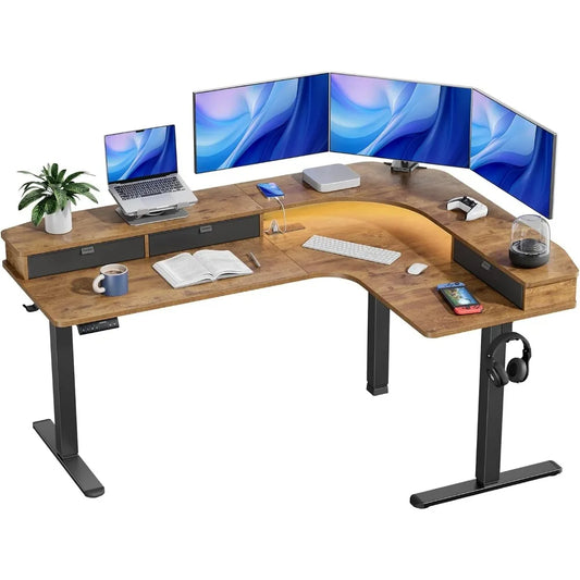 65 Inch L Shaped Electric Height Adjustable Standing Desk with Power Outlets
