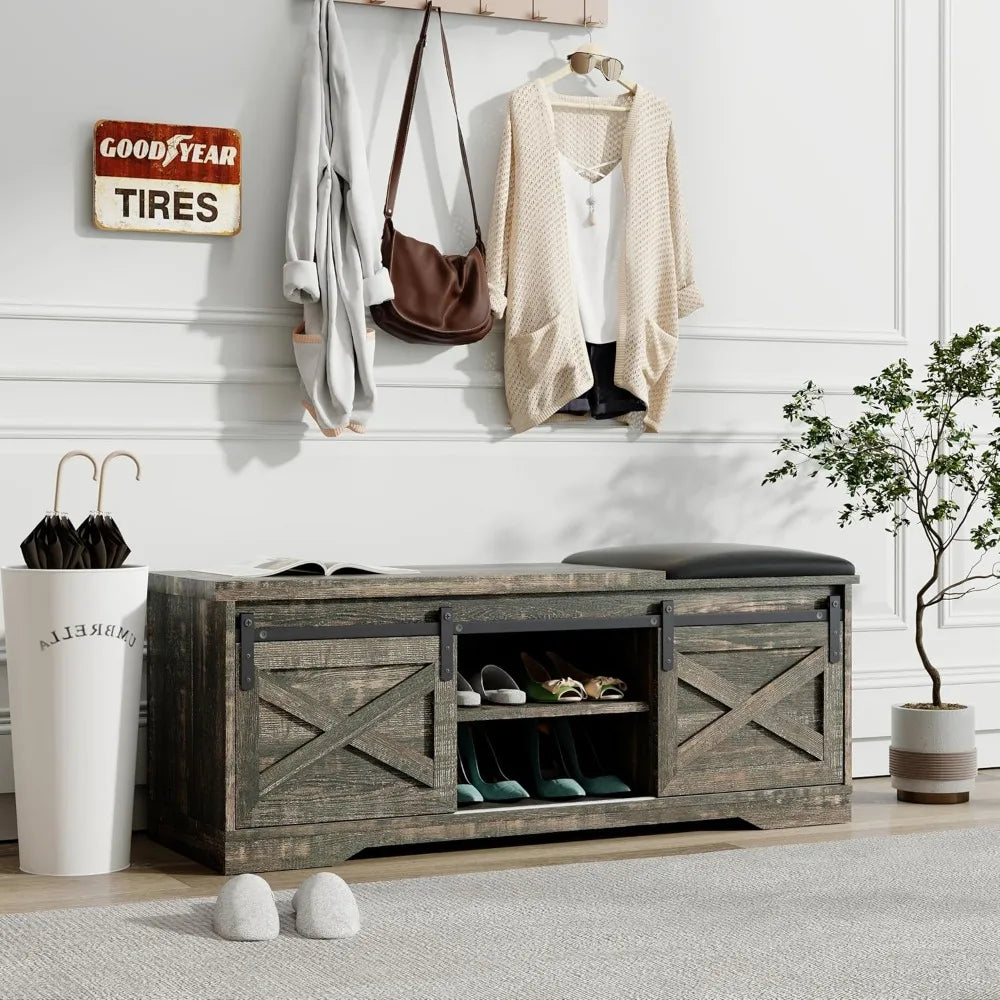 Modern Shoe Bench Storage Cabinet with Sliding Barn Door for Entryway