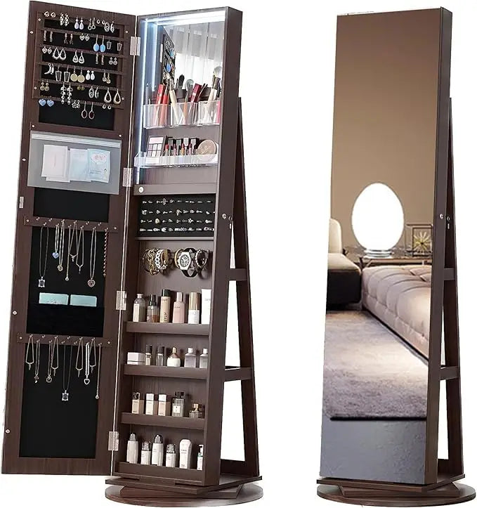 Full Length Mirror Jewelry Armoire LED Lockable Swivel Storage Cabinet