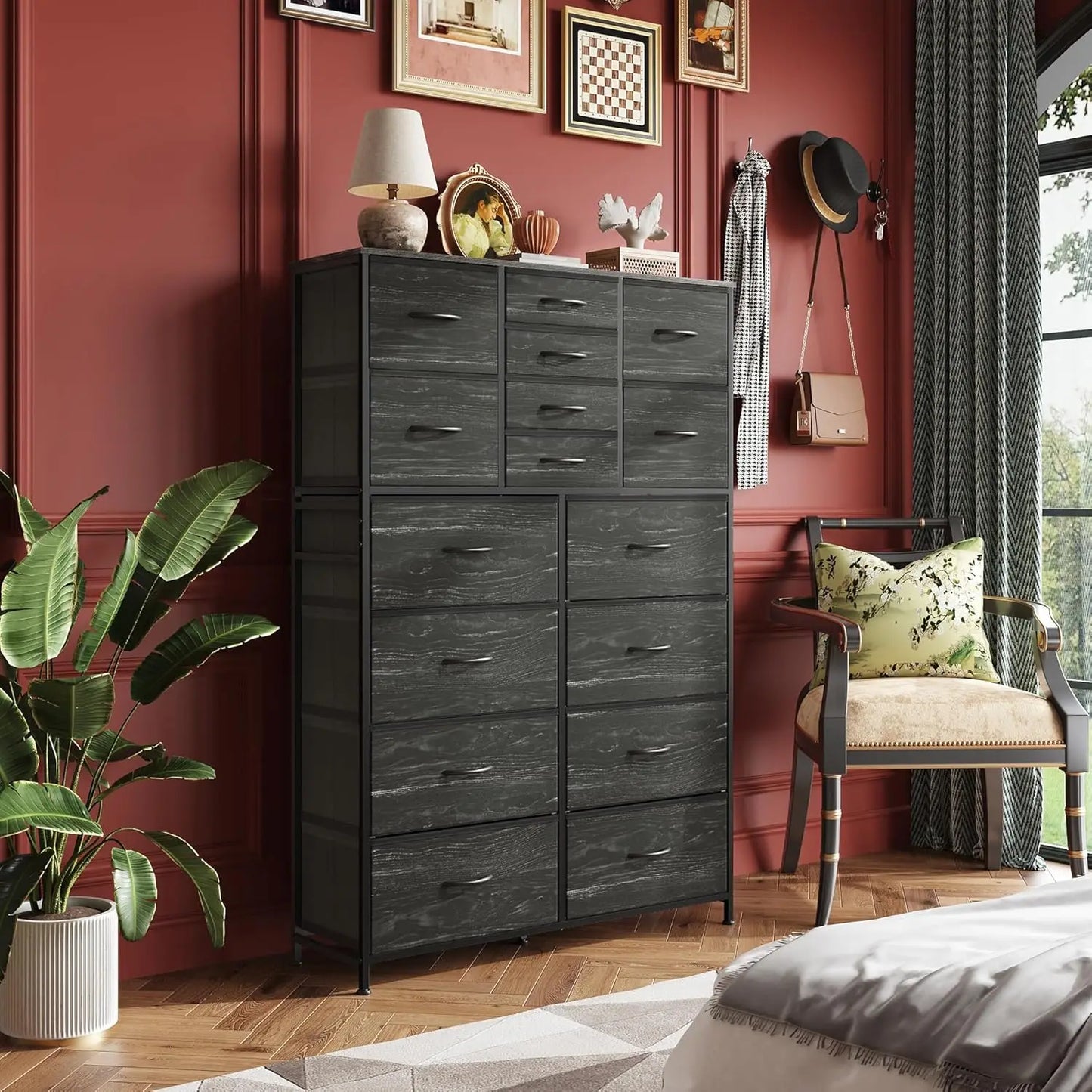 16 Drawers Dresser, Tall Dresser for Bedroom, Closet, Hallway, Storage Dresser Organizer Unit, Charcoal Black Wood Grain Print