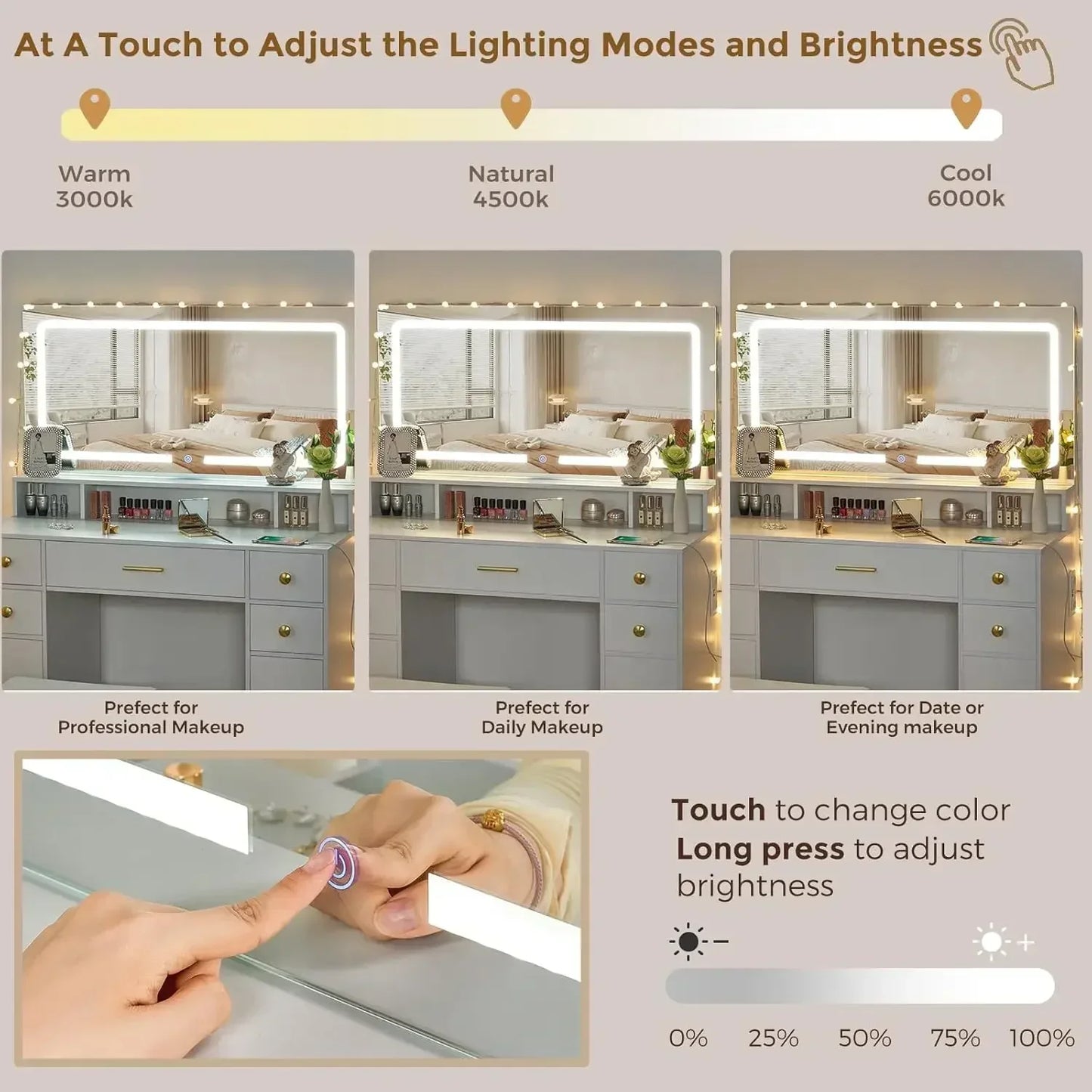 Vanity Desk Set LED Lighted Mirror Makeup Table with Storage and Stool