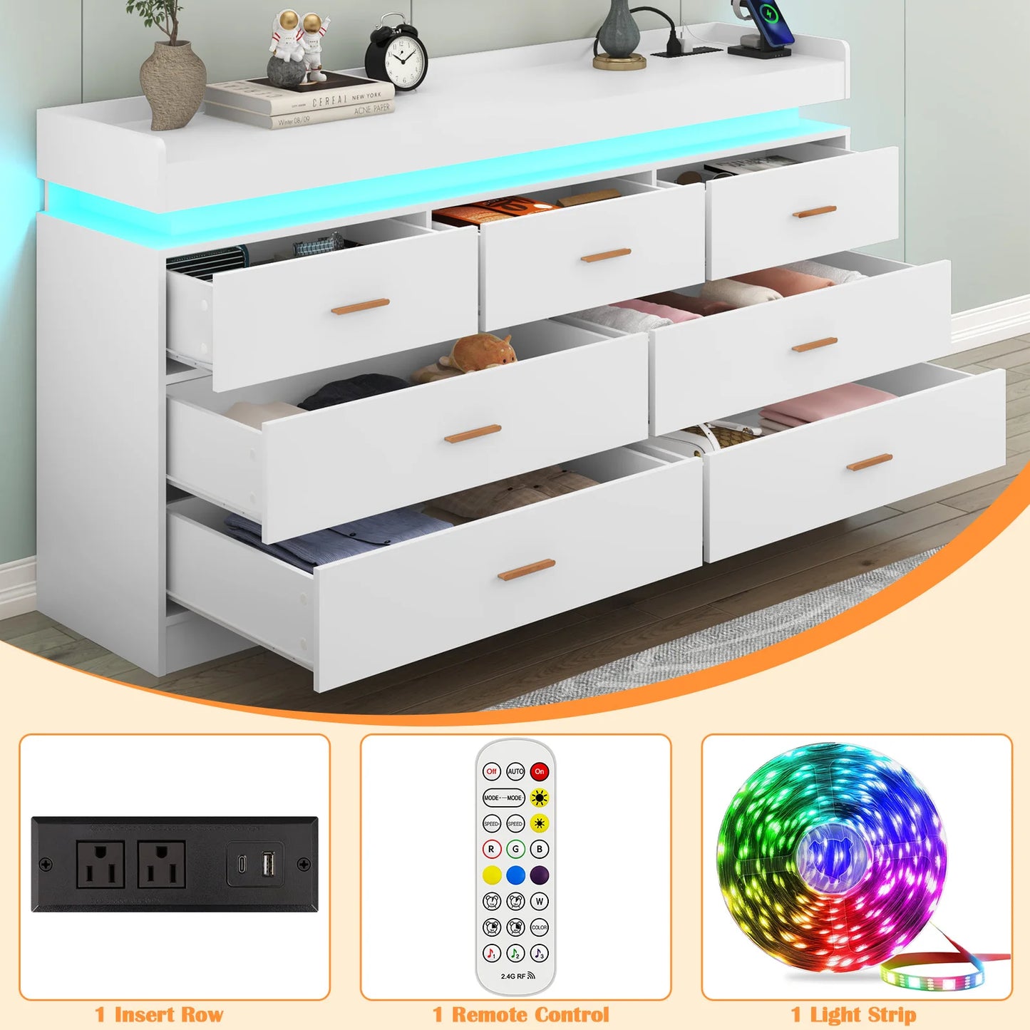 Modern 7 Drawer Dresser with LED Light Charging Station Chest of Drawers