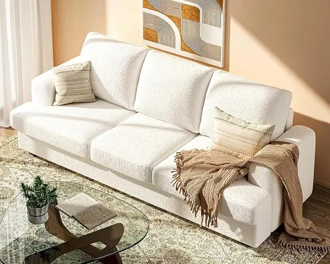 89" Bouclé Sofa Couch, Deep Seat Cloud 3 Seater Sofa with Storage & Wood Frame