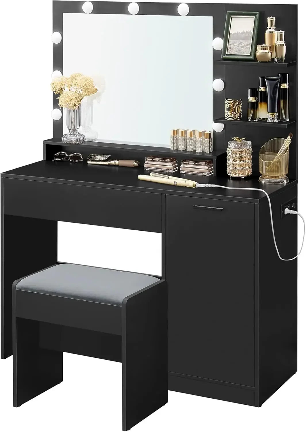 Ljustra Makeup Vanity Desk with Mirror LED Lights and Upholstered Stool